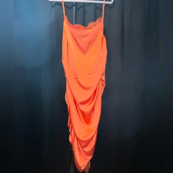 Orange Satin Plunge Ruched Midaxi Dress NWT - Picture 2 of 6